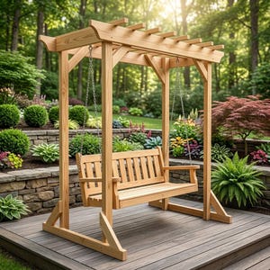 Pode incluir: Um banco de baloiço de jardim em madeira suspenso por correntes metálicas numa estrutura estilo pérgola. A estrutura apresenta um assento de ripas, um encosto alto com ripas verticais e postes de suporte robustos em madeira clara natural.