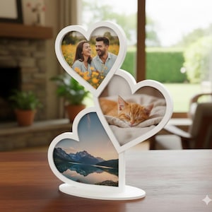 Pode incluir: Uma moldura branca em forma de coração com três aberturas. A moldura contém três fotos diferentes: um casal em um campo de flores amarelas, um gato tabby laranja dormindo e uma paisagem de montanhas e um lago. A moldura está em uma mesa de madeira.
