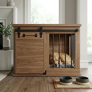 Puede incluir: Una jaula para perros de madera con puerta corredera y barras metálicas. Un perro está dentro sobre una cama gris. Dos cuencos de cerámica para perros están sobre una pequeña alfombra frente a la jaula. La jaula es de madera con acabado natural.