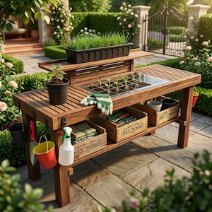 Puede incluir: Un banco de trasplante de madera con una parte superior de listones y un estante inferior. Cuenta con un área de fregadero incorporada, un estante para plantas y ganchos para colgar herramientas. El banco está rodeado de herramientas de jardinería, plantas y un exuberante jardín.