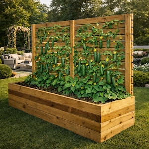 Projeto de canteiro elevado de cedro com divisória para privacidade, guia de construção de jardineira faça você mesmo