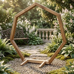 Puede incluir: Un gran arco de madera geométrico con un diseño hexagonal. El arco está hecho de madera de color marrón claro y se apoya en una base con cuatro patas. El arco está situado en un jardín con un camino de piedra y exuberante vegetación.