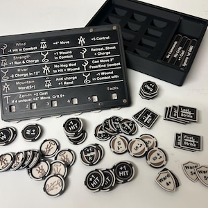 May include: A black tabletop game organizer with various game pieces. The organizer includes a black board with white text and symbols, along with black and white tokens and markers. The game pieces are scattered around the organizer.