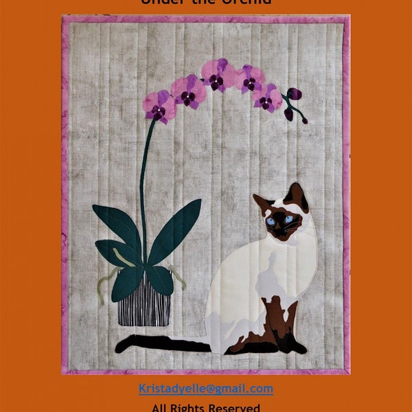 Under the Orchid Wall Hanging Pattern, Trouble & Boo, StartingStitches, Brown and Ivory Siamese Cat, Pale Purple Orchid