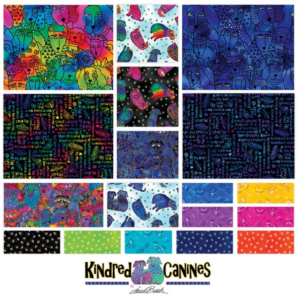 Kindred Canines Charm Pack, Clothworks, Laurel Burch, StartingStitches, 5" squares, 42 pieces, 100% Cotton, Quilting, Precuts, Dogs, Pets