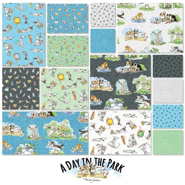 A Day in the Park Charm Pack, Clothworks, Anita Jeram, StartingStitches, 5" squares, 100% Cotton, Quilting, Precuts, Dogs, Pets, Dog Park