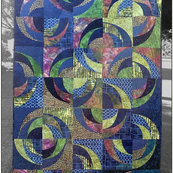 Blue Onion Quilt Pattern, Saginaw St Quilts, #P452, StartingStitches, Swirling Blocks, Contrasting Prints, Quilt or Table Runner Pattern