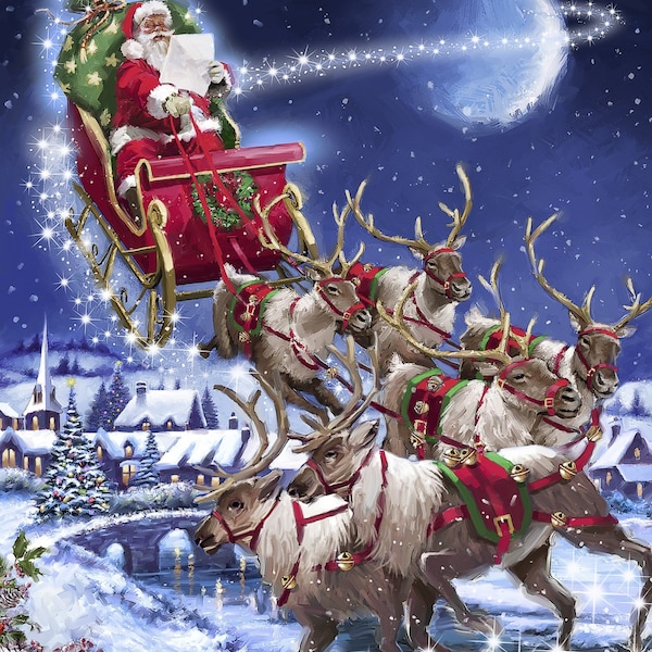 Santa Sleigh Team USA Fabric Panel, David Textiles, StartingStitches, 100% Cotton, Quilt Panel, Wallhanging, Christmas, Reindeer