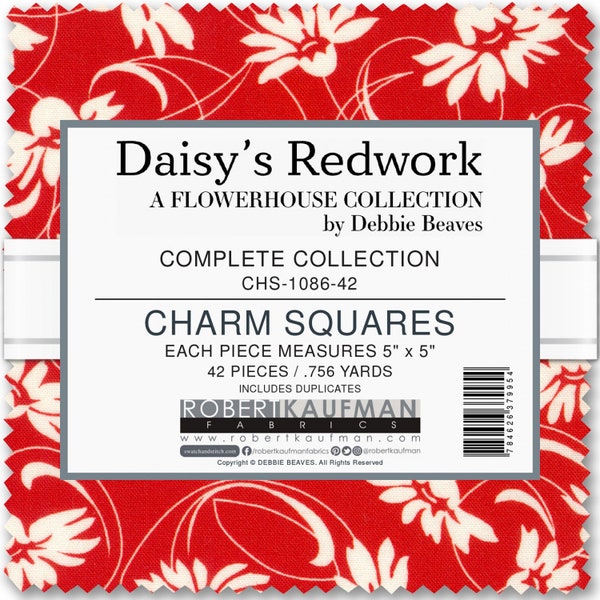 Daisy's Redwork Charm Pack, Robert Kaufman, Flowerhouse Collection, Debbie Beaves, 5" sq, 42 pc, 100% Cotton, Quilting, Precuts, SEE PICS