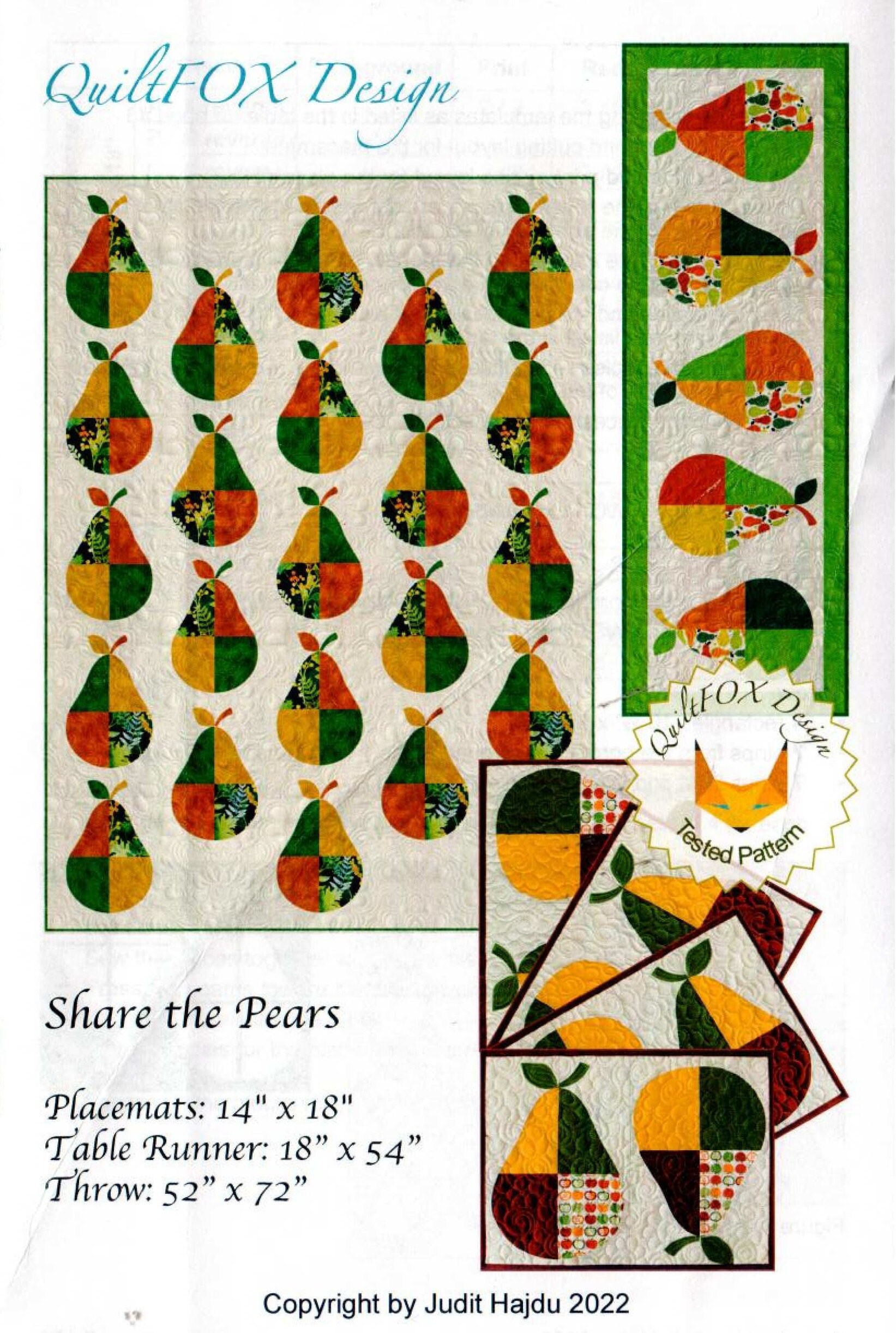 Share the Pears Pattern, Quilt Fox Design, Judit Hajdu, QFOX-249,  Startingstitches, Placemats, Table Runner, Throw, Fat Quarter Friendly -  Etsy UK