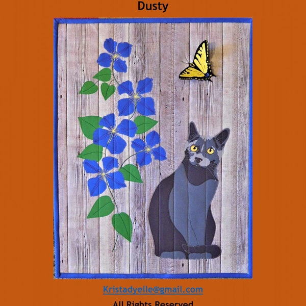 Dusty Wall Hanging Pattern, Trouble & Boo, StartingStitches, Russian Blue Cat, Blue Clematis Vine, Yellow and Black Butterfly