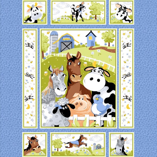 Barnyard Blues Fabric Panel, Clothworks, World of Susybee, StartingStitches, 100% Cotton, Quilt Panel, Wallhanging, Farm, Nursery, Kids