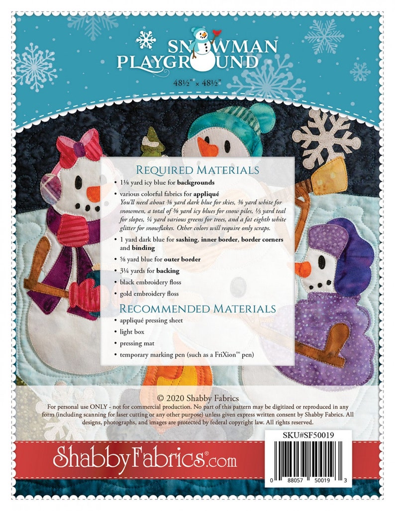 Snowman Playground Quilt Pattern Shabby Fabrics SF50019 Etsy