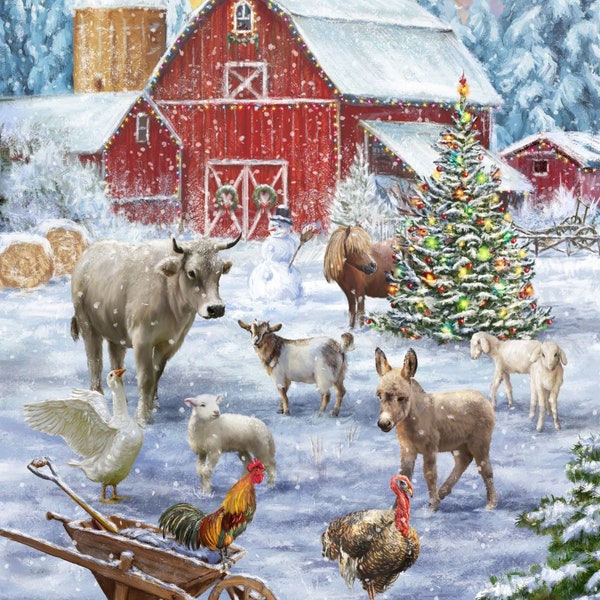 Frosty on the Farm Fabric Panel, David Textiles, StartingStitches, 100% Cotton, Quilt Panel, Wallhanging, Christmas, Farm Animals, Winter