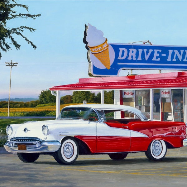 Drive-Inn Fabric Panel, David Textiles, StartingStitches, 100% Cotton, Quilt Panel, Wallhanging, Vintage Car, Retro, 1950s, Ice Cream