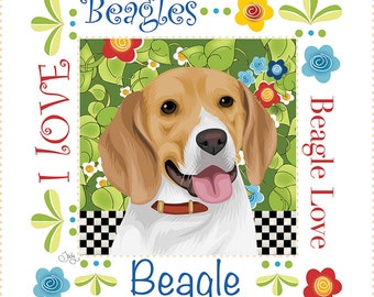 I Love Beagles Pre-Printed Fabric Art Panel, #AP6124, Jody Houghton Designs, 6" Square, 100% Cotton, Mini Panel, Quilt Block, Pets, Dogs