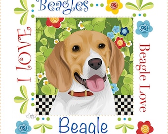 I Love Beagles Pre-Printed Fabric Art Panel, #AP6124, Jody Houghton Designs, 6" Square, 100% Cotton, Mini Panel, Quilt Block, Pets, Dogs