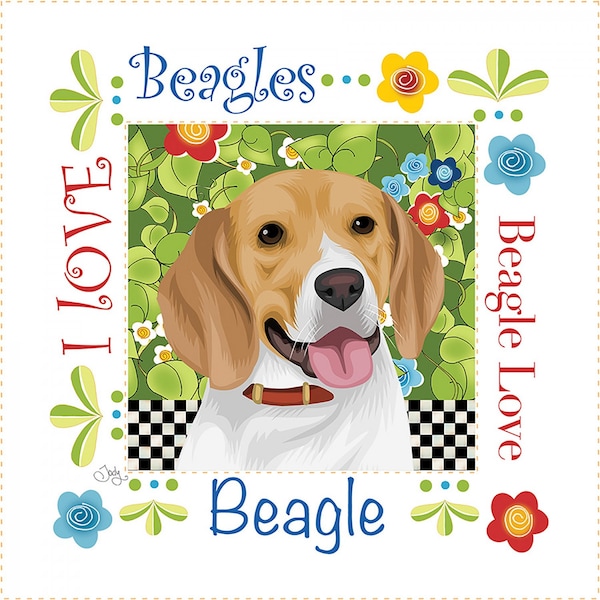 I Love Beagles Pre-Printed Fabric Art Panel, #AP6124, Jody Houghton Designs, 6" Square, 100% Cotton, Mini Panel, Quilt Block, Pets, Dogs