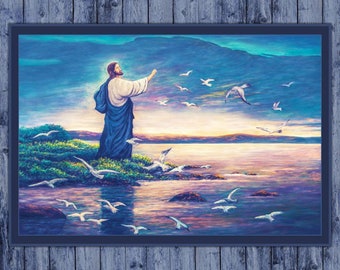 He Feeds Them All Fabric Panel, Marshall Dry Goods, StartingStitches, 100% Cotton, Quilt Panel, Wallhanging, Jesus Christ, Religious