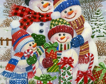 The winter folk family stuffed snowmen appliqué wall hanging