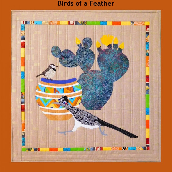 Birds of a Feather Wall Hanging Pattern, Trouble & Boo, StartingStitches, Cactus Wren, Clay Pot, Roadrunner, Prickly Pear Cactus, Southwest