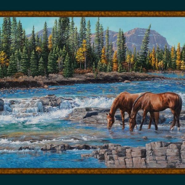 On the Rocks Fabric Panel, Marshall Dry Goods, Kim Penner, StartingStitches, 100% Cotton, Quilt Panel, Wallhanging, Horses, Mountains, River