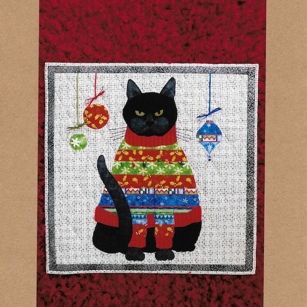 Bah Humbug Wall Hanging Pattern, Trouble & Boo Designs, #TB6128, StartingStitches, Christmas, Black Cat, Mad Cat, Ugly Sweater, Funny