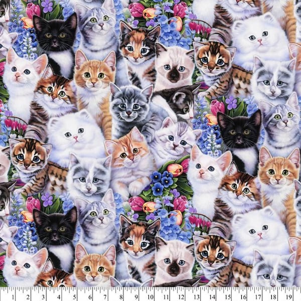 Kittens & Flowers Fat Quarter, David Textiles, StartingStitches, 100% Cotton, Quilting, Precuts, Cats, Pets, Flowers