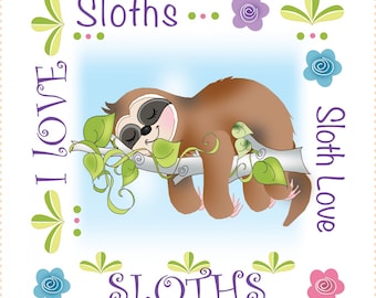 I Love Sloths Pre-Printed Fabric Art Panel, #AP6115, Jody Houghton Designs, 6" Square, 100% Cotton, Mini Panel, Quilt Block, Sloth Love