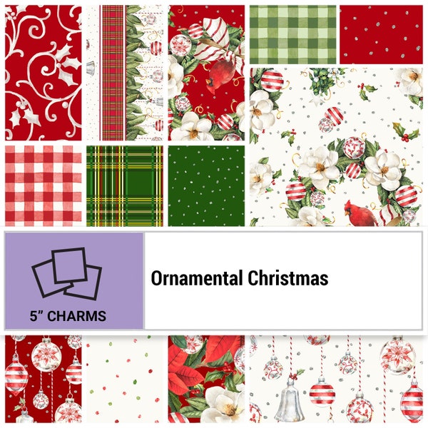 Ornamental Christmas Charm Pack, P&B Textiles, Sandy Lynam Clough, StartingStitches, 5" squares, 100% Cotton, Quilting, Precuts