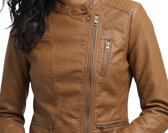 Braune Lederjacke für Damen, Slim