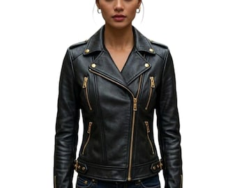 Schwarze Leder-Bikerjacke für Damen - Gesteppte Schultern, Slim Fit Moto Coat