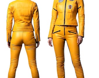 Kill Bill Bride Kostüm - Gelbe Motorrad-Lederjacke und Hose für Damen