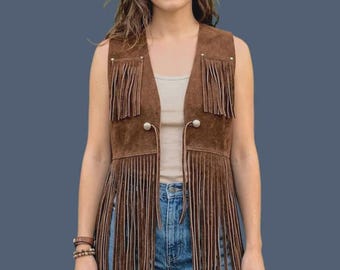 70er Jahre Vintage Wildleder Fransen Weste Frauen Größe M, lang Boho Western Hippie Stil,
