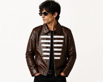 Braune Militärlederjacke für Herren, Vintage Parade Band Moto-Mantel,