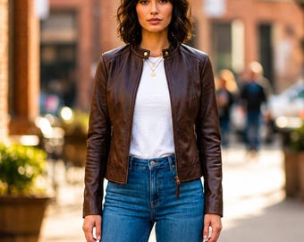 Braune Minimalist Moto-Jacke aus echtem Leder für Damen,