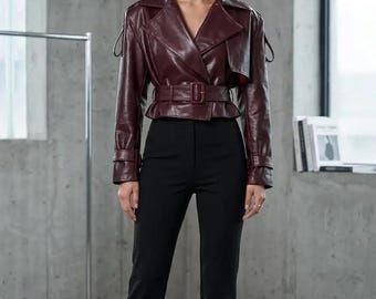 Crimson Burgund Moto Jacke Frauen abgeschnitten Lammfell Lederjacke, Custom Schwarz Braun Stil