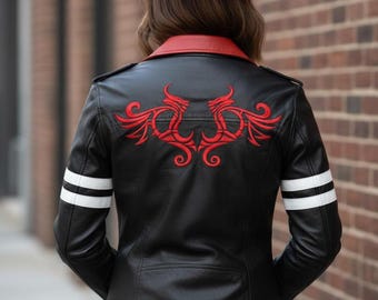 Schwarz-rote Biker-Lederjacke für Damen - Prototyp inspirierter Cosplay-Kostümmantel