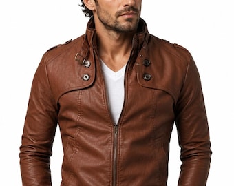 Braune Lederjacke für Herren, Vintage Biker Style Jacke, Slim Fit Motorradmantel