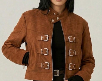 Frauen abgeschnitten Wildlederjacke, echtes Leder Trucker Jacke, Vintage Style kurzes Geschenk für Sie