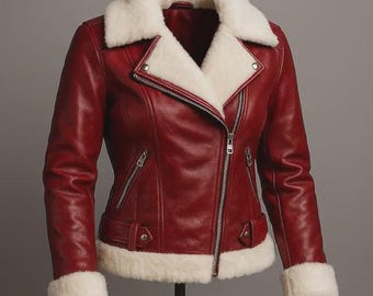 Rote Lammfell-Lederjacke für Damen, Winter-Kunstpelz-Bikerjacke, Weihnachtsferien