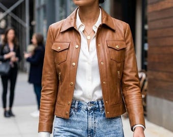 Tan Lederjacke für Damen, Moto Biker-Jacke im Vintage-Stil, Slim Fit Genuine