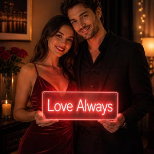 May include: A rectangular neon sign with a clear acrylic backing that glows with bright red light. The sign features the text "Love Always" in a clean, sans-serif font. The neon tubing is mounted on a transparent rectangular panel.