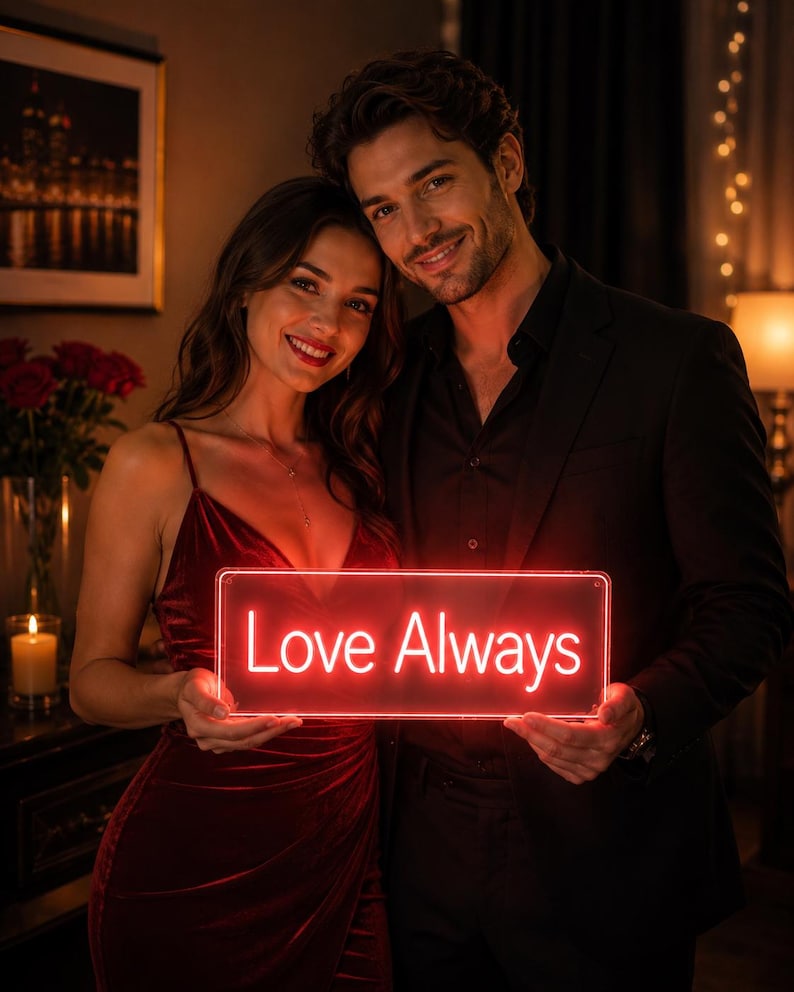 May include: A rectangular neon sign with a clear acrylic backing that glows with bright red light. The sign features the text "Love Always" in a clean, sans-serif font. The neon tubing is mounted on a transparent rectangular panel.