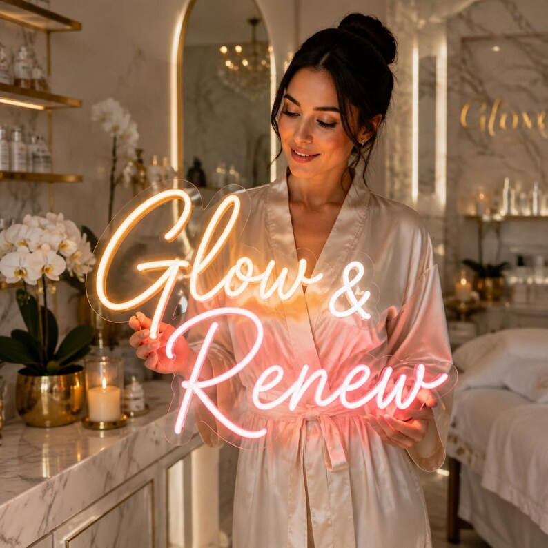 May include: A clear acrylic neon sign featuring the words Glow & Renew in a cursive script font. The word Glow is illuminated in a warm orange light, while the word Renew is illuminated in a soft pink light, held by a person in a silk robe.