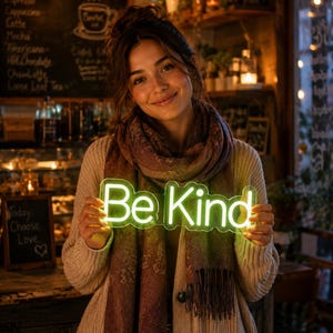May include: A rectangular neon sign with rounded edges displaying the text Be Kind in bright green light. The sign is constructed from a clear acrylic backing and features a glowing green LED tube that forms the letters of the phrase.
