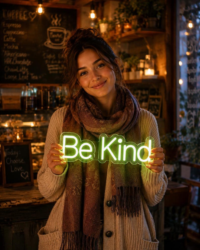 May include: A rectangular neon sign with rounded edges displaying the text Be Kind in bright green light. The sign is constructed from a clear acrylic backing and features a glowing green LED tube that forms the letters of the phrase.