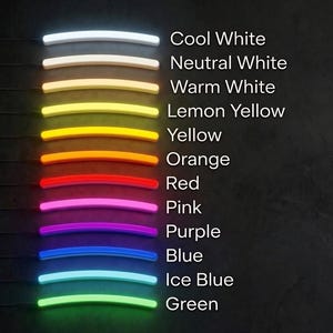 May include: A vertical display of twelve curved neon light strips in various colors, each labeled with its corresponding name: Cool White, Neutral White, Warm White, Lemon Yellow, Yellow, Orange, Red, Pink, Purple, Blue, Ice Blue, and Green.
