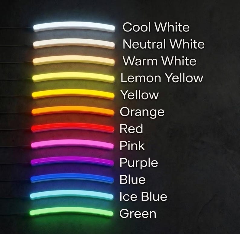 May include: A vertical display of twelve curved neon light strips in various colors, each labeled with its corresponding name: Cool White, Neutral White, Warm White, Lemon Yellow, Yellow, Orange, Red, Pink, Purple, Blue, Ice Blue, and Green.