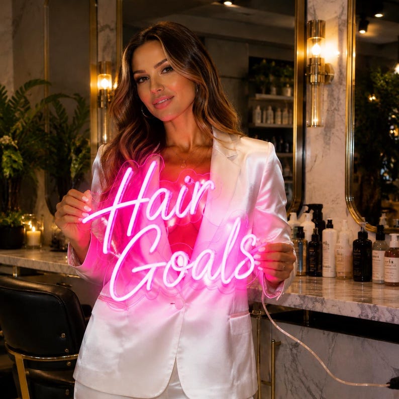 May include: A bright pink neon sign featuring the text "Hair Goals" in a cursive script font. The sign is illuminated and emits a vibrant glow, showcasing a clear glass tube structure that forms the letters against a dark background.